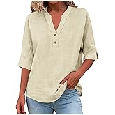 Linen Shirts for Women 3/4 Length Sleeve Womens Tops Loose Fit Womens Blouses Dressy Casual Spring Summer Tshirts