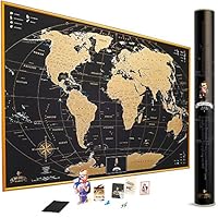 MyMap Gold Scratch Off World Map Wall Poster with US States, 35x25 inches, Includes Pins, Buttons and Scratcher, Glossy Finish, Black with Vibrant Colors