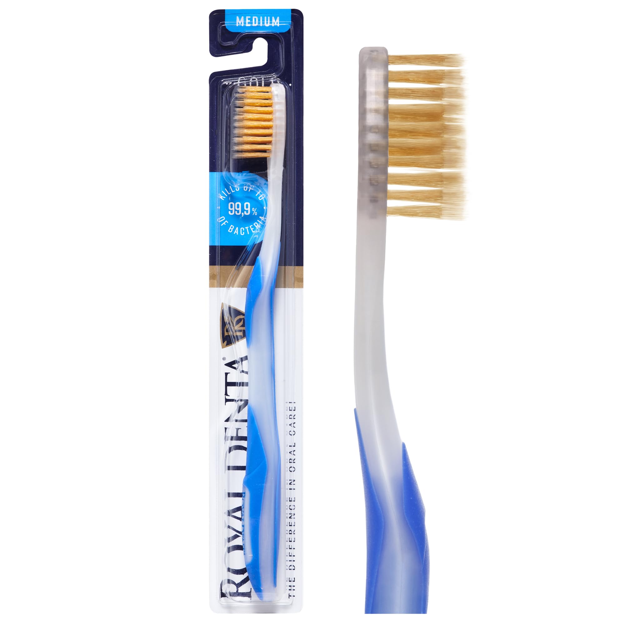 Royal Denta Manual Toothbrush for Adults, Medium Soft Toothbrush with Dual Length Gold Bristles, Interdental, Flossing Brush & Teeth Whitening, Ergonomic Grip Handle (Blue)