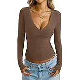 EasyGala Womens Deep V Neck Long Sleeve Shirts Sexy Slim Fit Tops Basic Tees Spring Outfits Fashion Clothes 2026