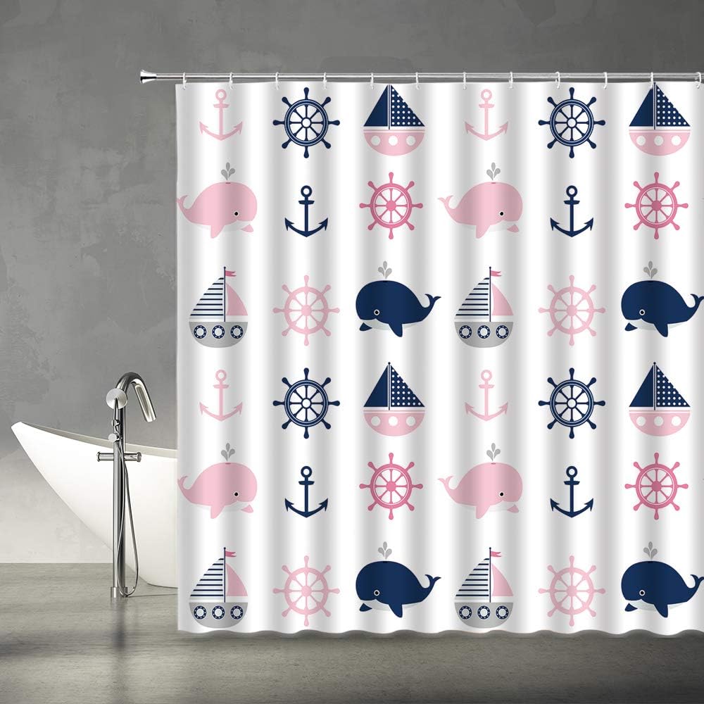AMFD Duschvorhang mit Wal-Motiv, niedlicher Wal, Anker, Schiff, Ozean