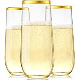 Oojami 48-Pack Gold Rimmed Stemless Plastic Champagne Flutes – 9 Oz Clear Disposable Toasting Glasses – Bulk BPA-Free Recyclable Shatterproof Event Supplies for Weddings, Parties & Celebrations