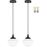 Bagood 2 Pack 8" Milk Glass Pendant Light Black Schoolhouse Light Fixture Schoolhouse Pendant Light Milk Glass Light Fixture 
