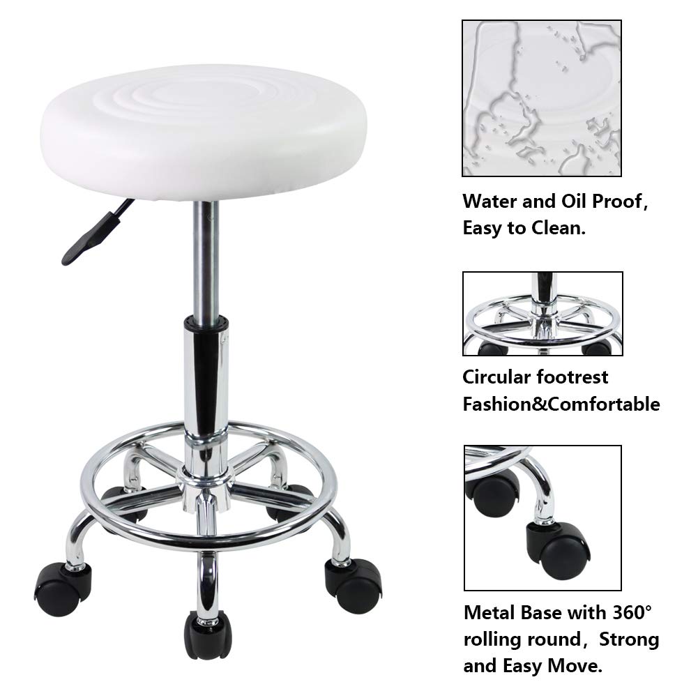 KKTONER PU Leather Modern Round Rolling Stool with Footrest Height Adjustable Spa Drafting Salon Tattoo Work Massage Stools Task Chair Small (White): Kitchen & Dining