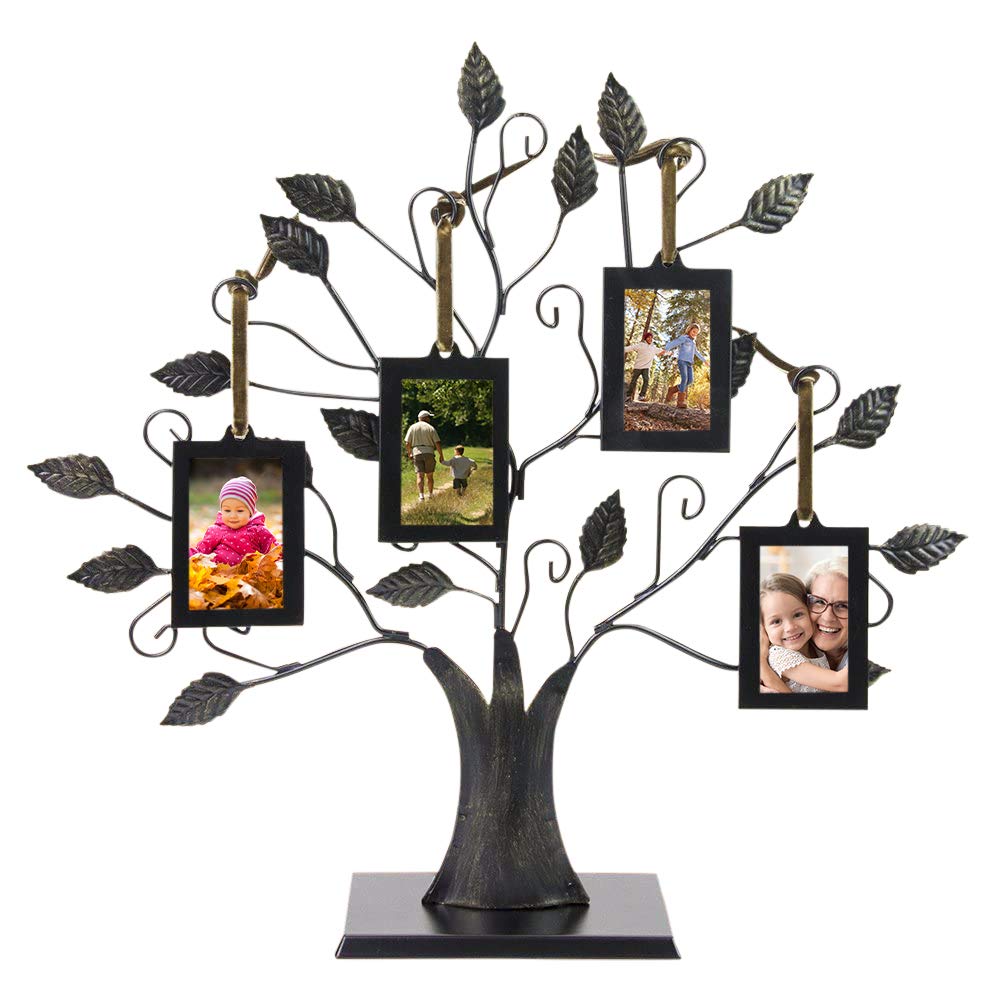 Maypes Family Tree Wall Decor with 4 Hanging Picture Frames, Brushed Bronze Photo Frame Ornament for Home and Office Decor, Holiday Gift Photo Frame