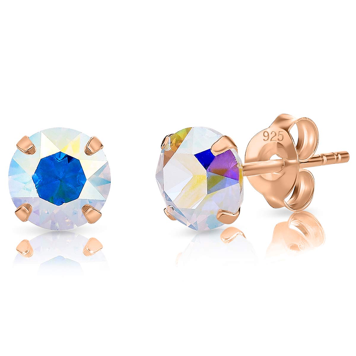 DTPSilver - 925 Sterling Silver Rose Gold Plated Round Stud Earrings made with Glittering Crystals from Swarovski® Elements - Diameter: 6 mm - Colour : Aurora Borealis