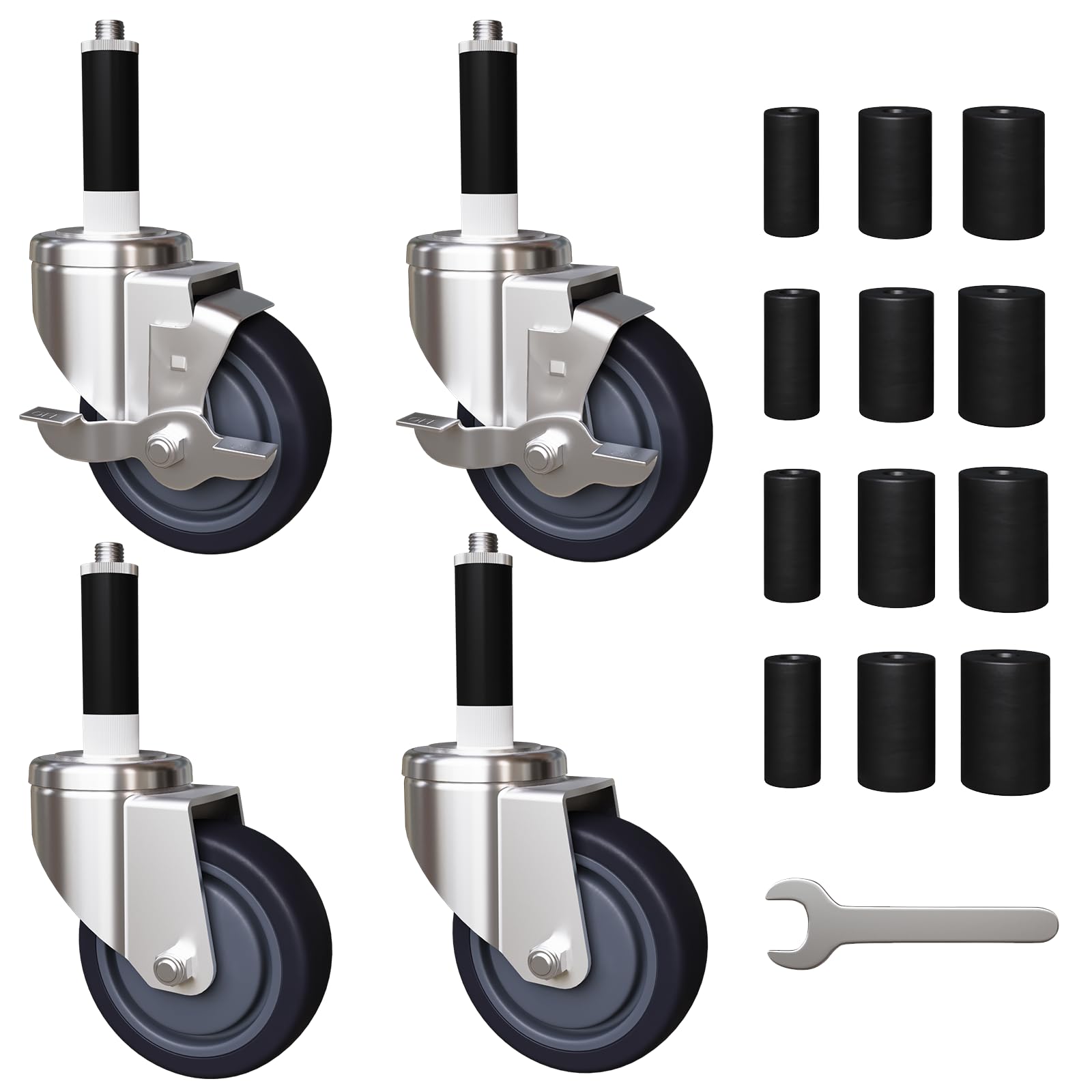 Photo 1 of MSWY 4 inch Expanding Stem Caster Set of 4, Prep Table Casters Fit 7/8" to 1-3/4" ID Tube Pipe Legs for Stainless Steel Table, Equipment Stand, Carts, Wire Shelving Racks (2 with Brakes