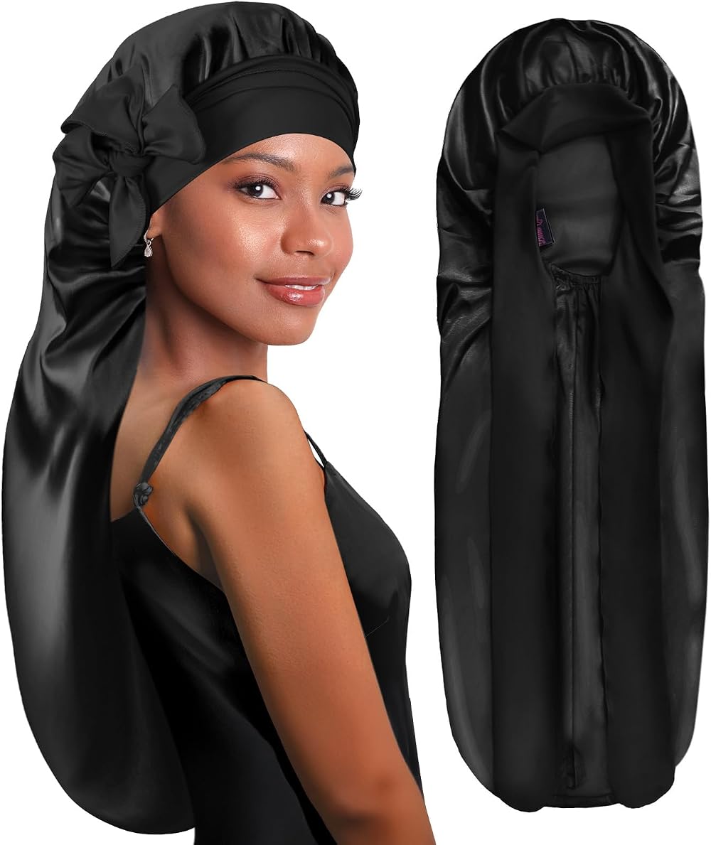 BONNET QUEEN Silk Bonnet for Sleeping Long Hair & Braids Black