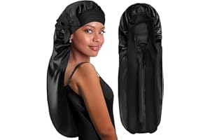 BONNET QUEEN Braid Bonnet Silk Bonnet Foldable Extra Long Wrap for Braids Satin Bonnets with Tie Band Long Sleep Cap, Black