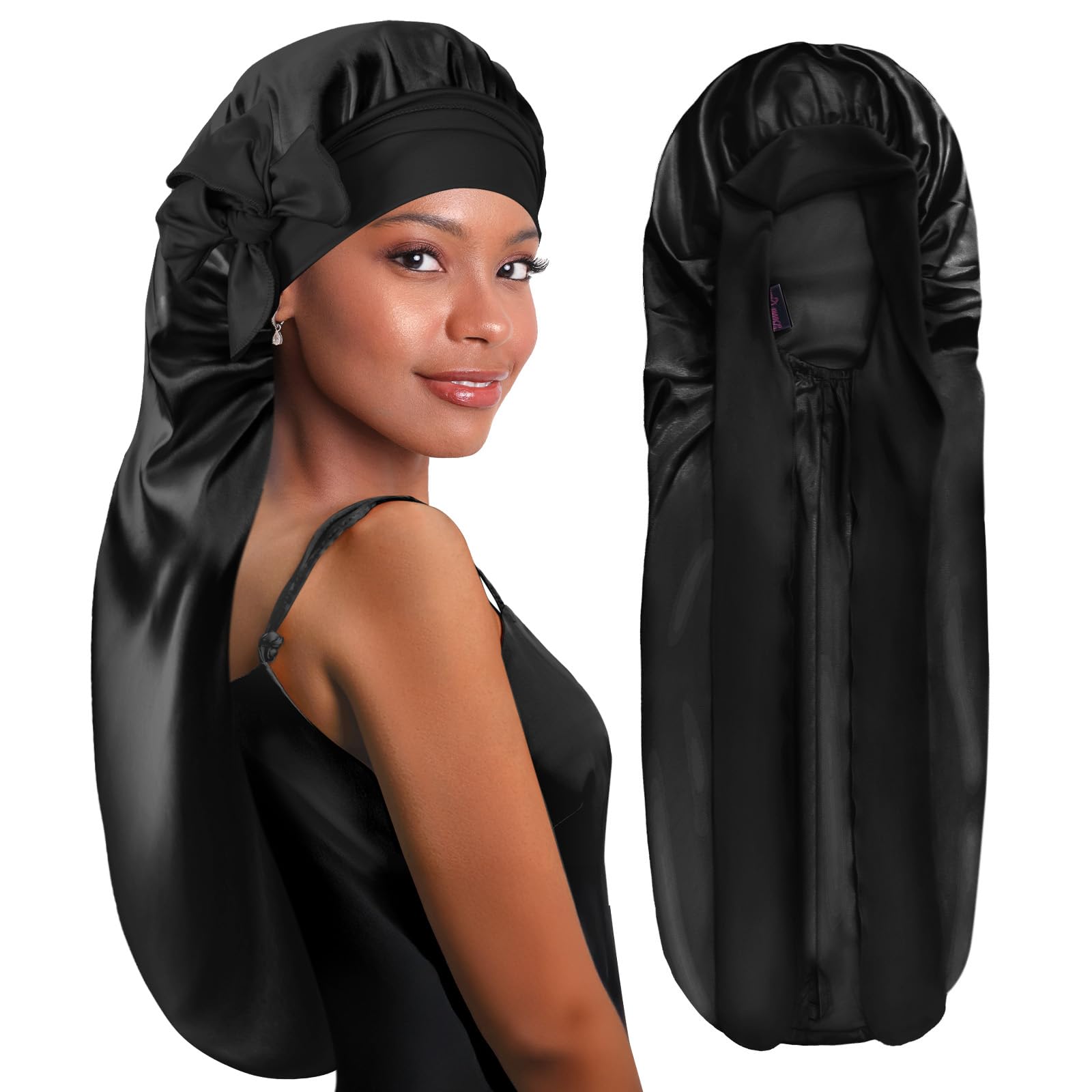 BONNET QUEEN Silk Bonnet for Sleeping Long Hair & Braids Extensions Hair, Satin Long Bonnet for Women, Adjustable Silk Scarf Night Cap with Tie Band, Black