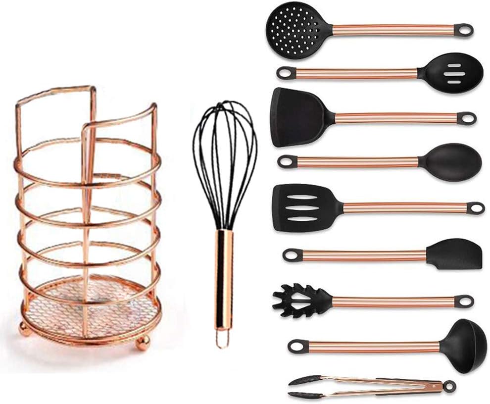 blessvt 11Pcs/Set Silicone Cooking Kitchen Utensils Set Copper Plated Handle Silicone Kitchenware Nonstick Cooking Shovel Spoon Kitchen Tool Set