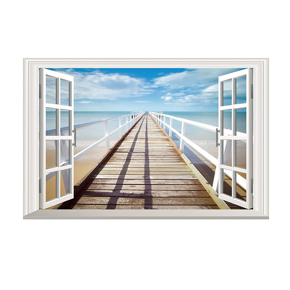 3D Peel and Stick Fake Window View Wall Sticker Decal - Beach Seaside Wooden Pathway Scenery