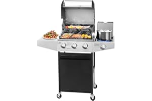 Unovivy 3-Burner Propane Gas BBQ Grill with Side Burner & Porcelain-Enameled Cast Iron Grates Built-in Thermometer, 39,000 BTU Outdoor Cooking, Patio, Garden Barbecue Grill, Black and Silver