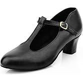 Bokimd Womens Character T-Strap Dress Shoes - Leather Salsa Dance Heels