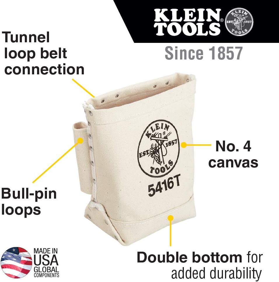 Klein Tools 5416T Tool Bag, Bull-Pin and Bolt Pouch, No. 4 Canvas with Tunnel Connection, 5 x 10 x 9-Inch - - 