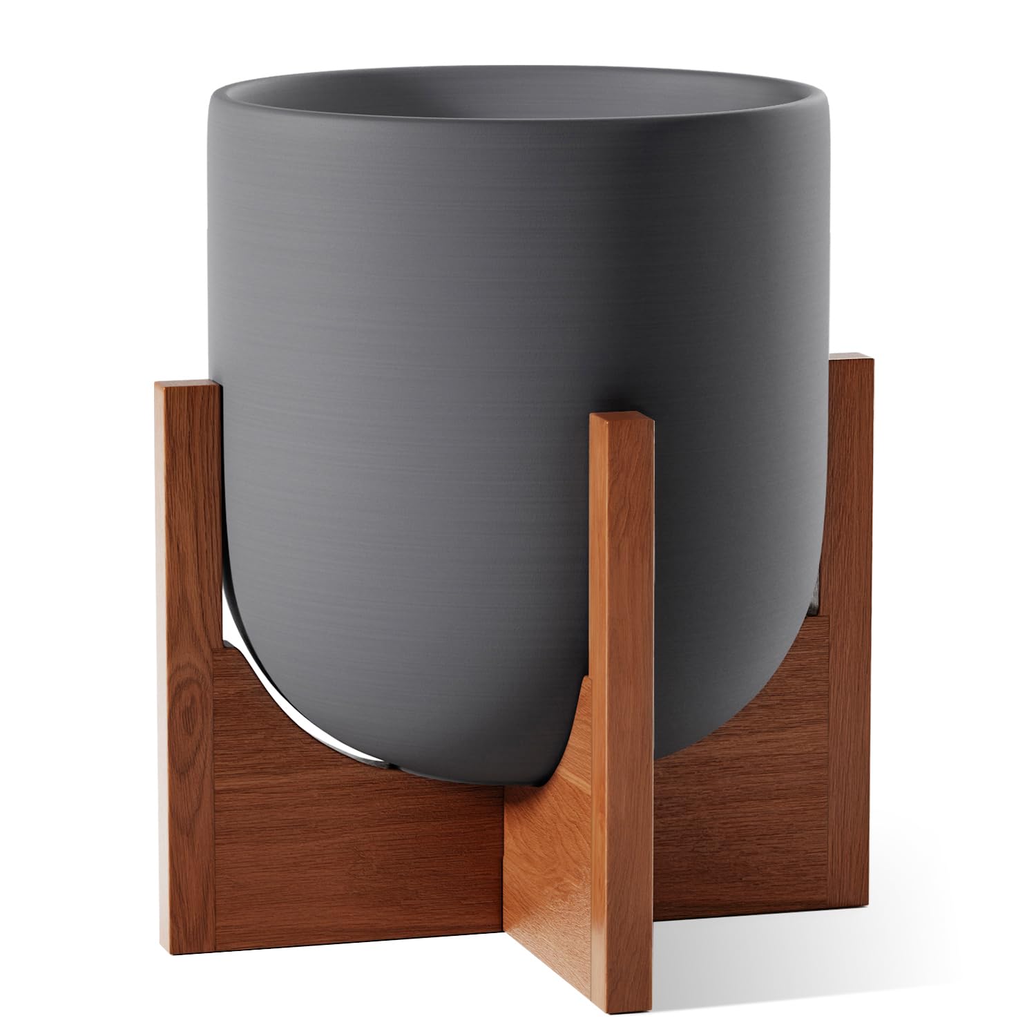 Photo 1 of LE TAUCI 10 Inch Plant Pot with Acacia Wood Stand, Ceramic Planters for Indoor Plants, Plant Pots Indoor for Home Decor, Mid-Century Modern Pots for Plants with Drainage Hole and Plug, Charcoal Gray