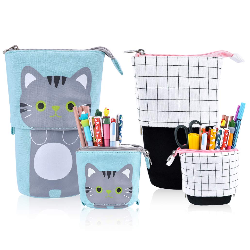 iSuperb 2 Pieces Pencil Case Stand Up Pencil Holder Cute Cat Pencil Box Pen Organizer Pencil Pouch Bag with Zipper Cosmetic Canvas Stationery Makeup Bag for Boys Girls Students and Office Supplies