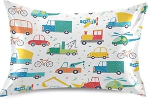 KOPIRIT Cartoon Car Transport Pillow Covers Silk Pillowcase for Hair and Skin Soft Breathable Smooth Cooling Satin Pillowcase Standard Size Pillow Case for Bed Bedroom Women Boys Girls (20x30 Inch)