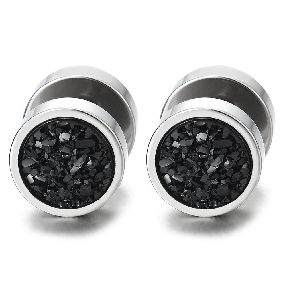 10mm Mens Womens Circle Stud Earrings with Black Glitter, Steel Cheater Fake Ear Plugs Gauges Tunnel — image 1