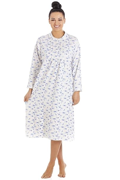 Camille Damen Langarm Nachthemd mit Knopfleiste klassischer Stil Baumwolle - Weiß mit Blumenmuster