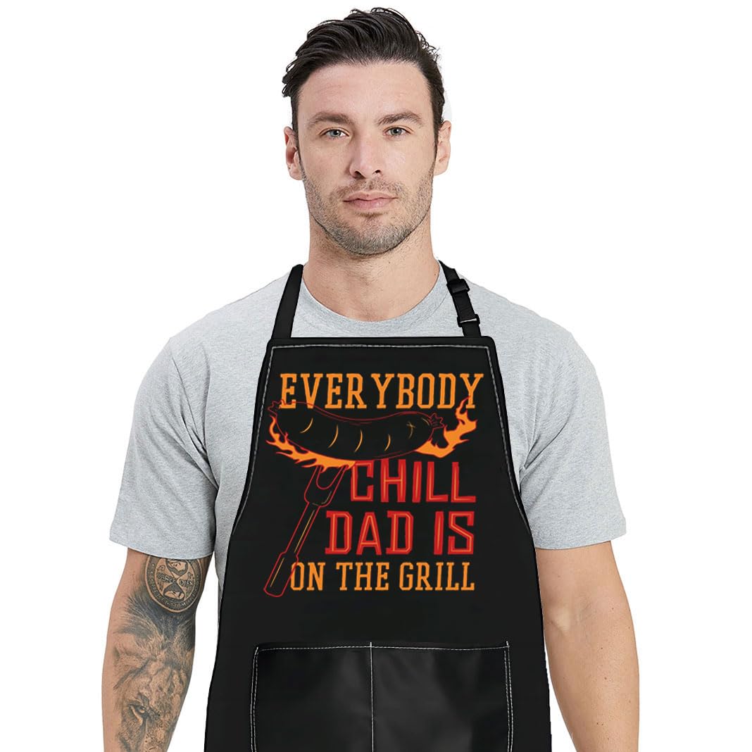 WZMPA Grilling Dad Apron With Pockets Grilling Father Gifts Everybody Chill Dad Is On The Girll Apron For Daddy Grandpa, Chill Dad is Grill, Medium