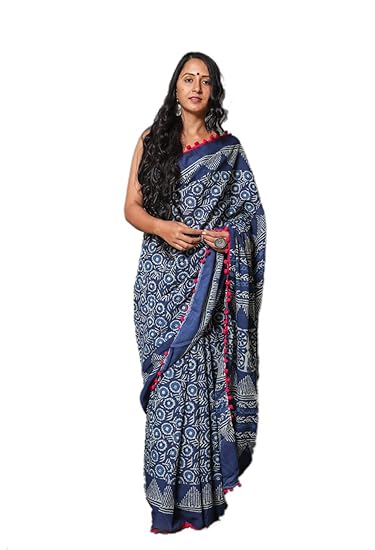 Blue Cotton Hand Block Printed Saree With Pink Pom Pom