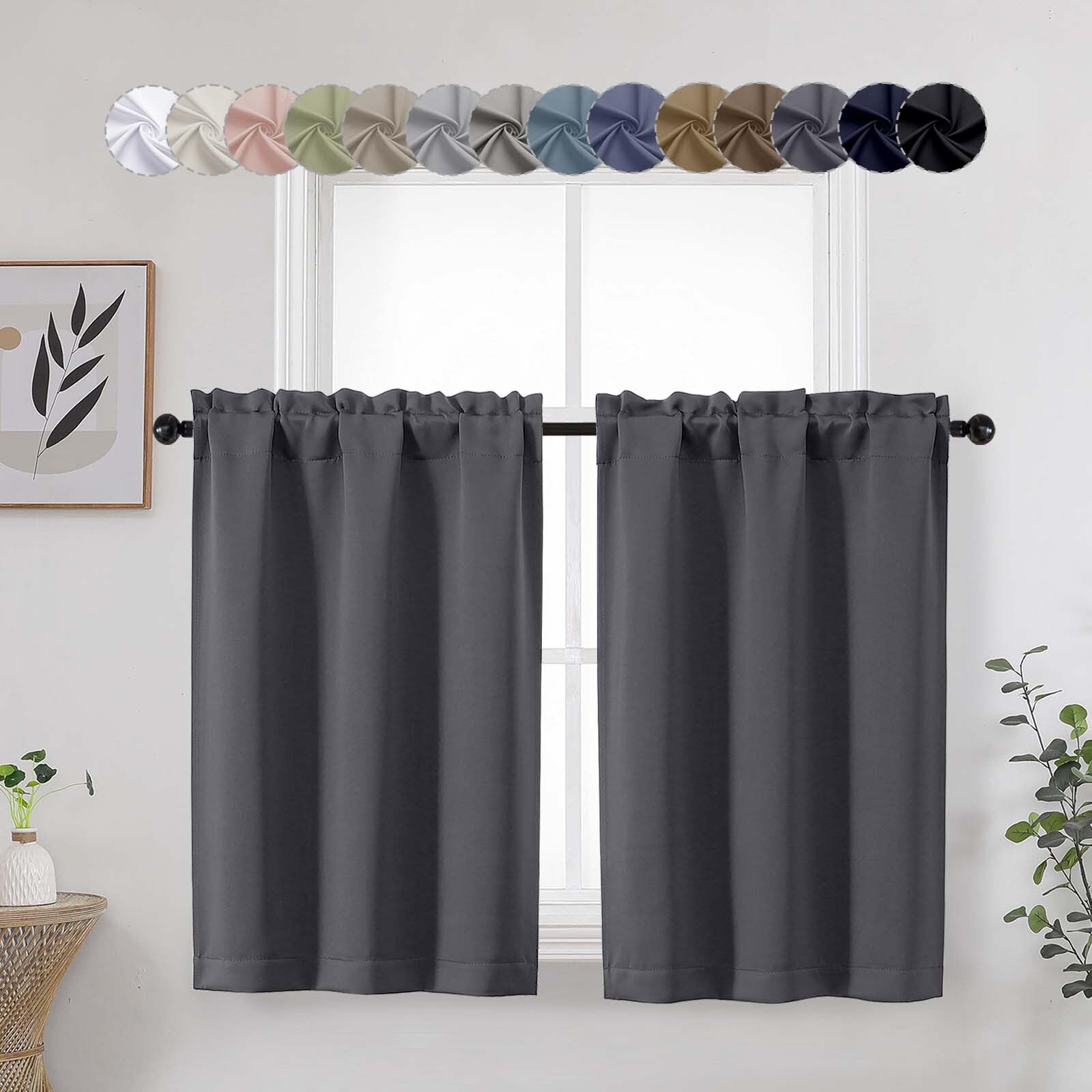WelvetBLK Grey Cafe Blackout Curtains Tier 36 Inch Length 2 Panels, Soft Solid Thermal Insulated Room Darkening Small Kitchen Window Curtains Over Sink for Bathroom, Grey, Each 30" Wx36 L