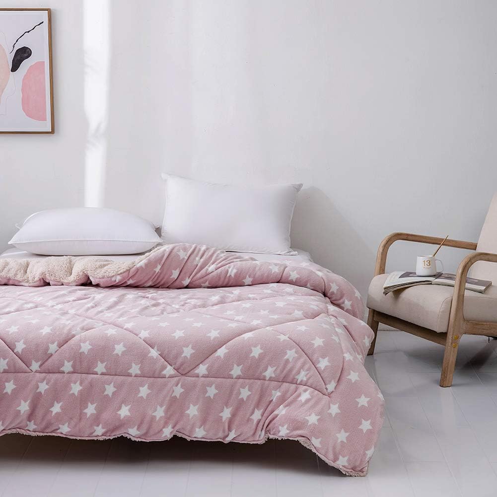 AYSW Comforter Double Flannel and Lamb Cashmere Duvet Ultra Warm Fluffy Down Duvet Lightweight Premium Winter Quilt 250GSM Printed Star Pattern Soft and Comfortable Qulit Pink