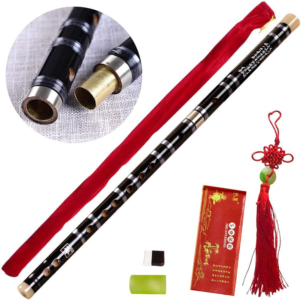 Tyuodna Pluggable F key Bitter Bamboo Flute Dizi, Chinese Traditional Handmade Musical Woodwind Instrument Key of F, with Free Membrane & Glue & Protector Set (Black)