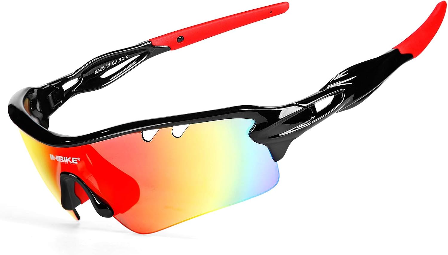 INBIKE Sunglasses Men Women Polarised Mirrored Cycling Glasses Sports Glasses UV400 Protection with 5 Interchangeable Lenses, Black