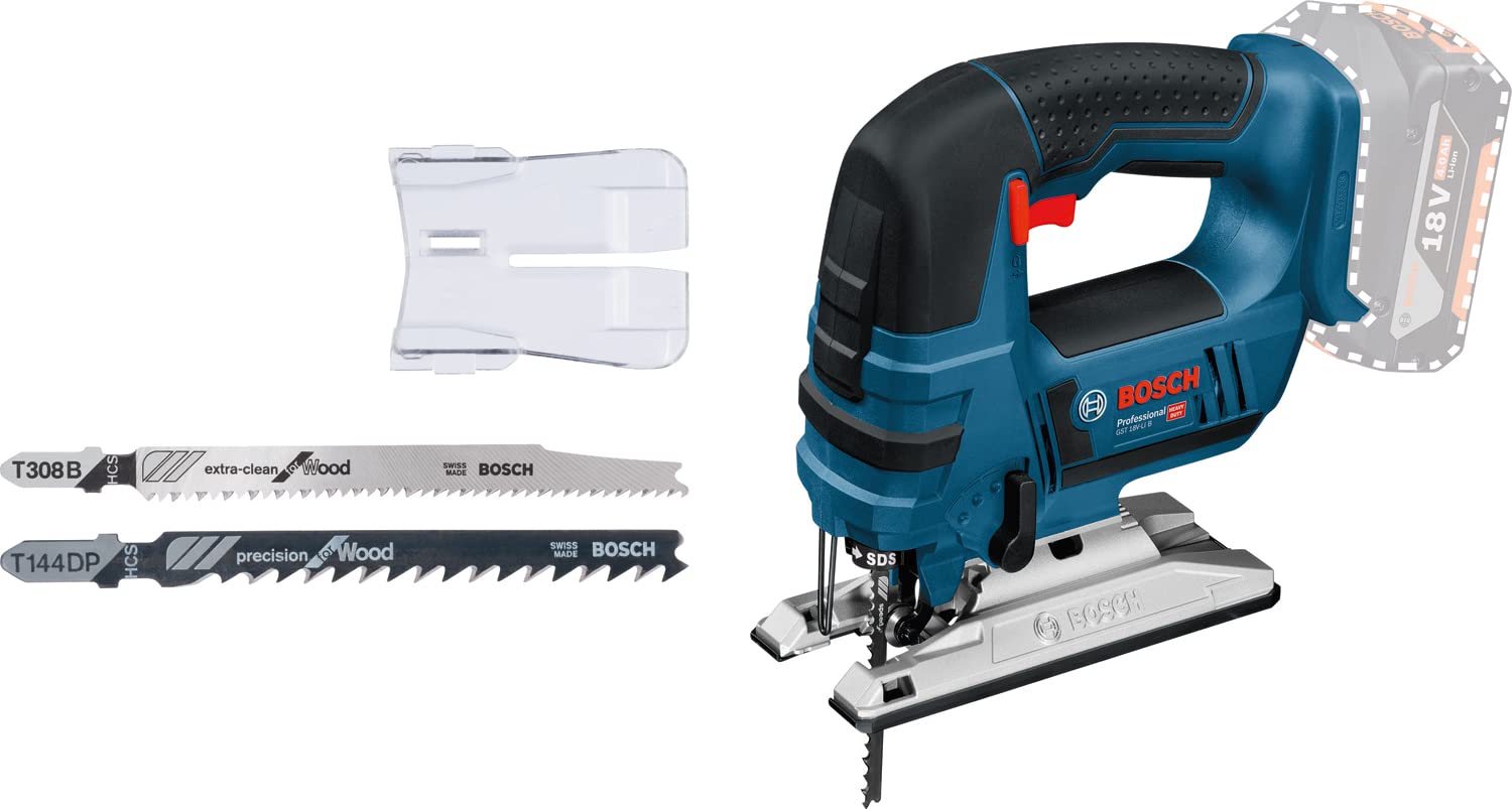 Bosch Professional 18V System Cordless Jigsaw GST 18 V-LI B (bar Version, Cutting Depth in Wood/Alum./Metal: 120/20/8 mm, 3 Jigsaw Blades, Anti-Splinter Guard, Without Battery/Charger)