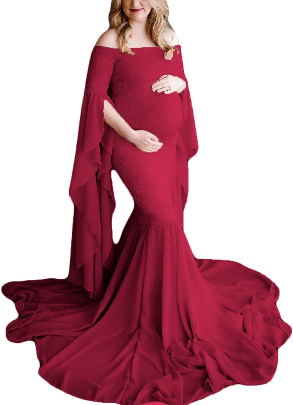 JustVH Women's Off The Shoulder Elegant Fitted Maternity Gown Flare Sleeve Slim Fit Maxi Photography Dress for Photoshoot Burgundy at  Women’s Clothing store