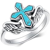 DOLIOX Genuine Turquoise Cross Rings for Women 925 Sterling Silver Angel Wings Feather Ring Jewelry for Her