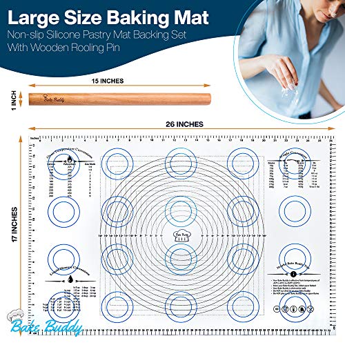 Bake Buddy Silicone Pastry Mat Baking Set, Large XL Size Dough Rolling Mat, Fondant/Pie Crust