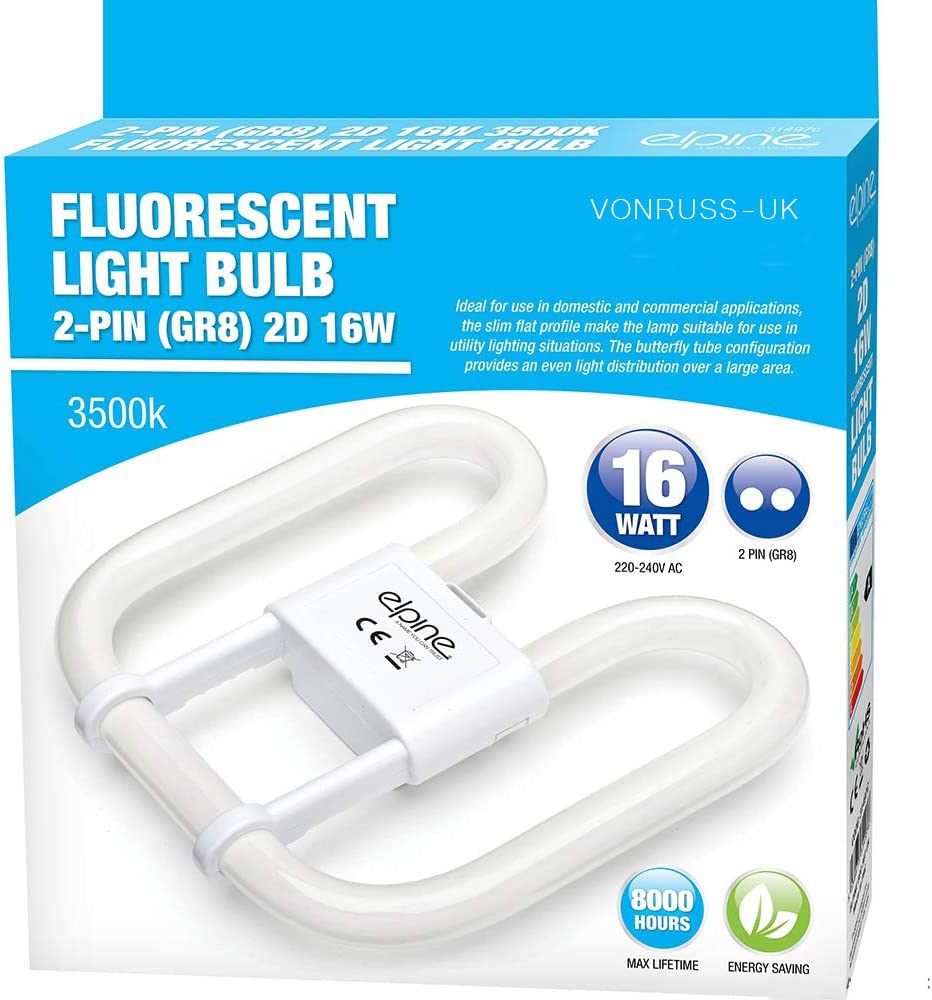 VONRUSS-UK New Fluorescent Light Bulb 2 PIN / 4 PIN Energy Saving 16W Slim LAMP Tube 2D GR8 / GR10Q (2 PIN 16 WATT)