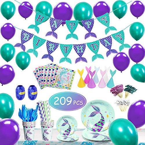 Mermaid Party Supplies Pool theme Set 209pcs - Flasoo Mermaod Tails Themed Birthday Parties Decorations Includes Disposable Tableware Kit - Serves 16 Guest
