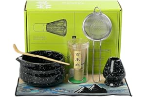 MOCHACHAJU 7pcs Matcha Set, Matcha Whisk Set Includes Matcha Bowl, Matcha Whisk Holder, Bamboo Matcha Whisk, Scoop and Matcha Sifter, 15 oz Mottled Matcha Kit for Tea Lovers