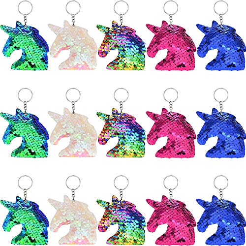 Chuangdi 15 Pieces Flip Sequin Unicorn Keychains Colorful Unicorn Key Chain for Handbag Purse Party Embellishment, 5 Colors