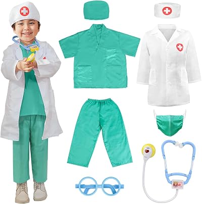 LOYO Kids Doctor Role Play Costume Lab Coat Scrubs Stethoscope Mask