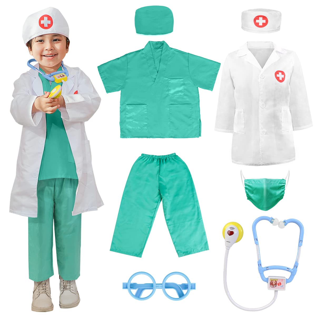 LOYO Kids Role Play Halloween Costumes, Green Doctors Outfit Set with Lab Coat, Scrubs Costume, Mask, Stethoscope for Children Doctor World Book Day Costume — image 1