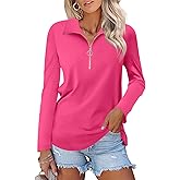 Minetom Womens Long Sleeve Tops V Neck Shirts Quarter Zip Pullover Collared Casual Tops Fall Clothes