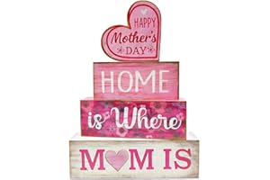 Mothers Day Table Ornaments Set: 4Pcs Wooden Mothers Day Decorations, Pink Heart Decor from Daughter Son, Mother's Day Tiered