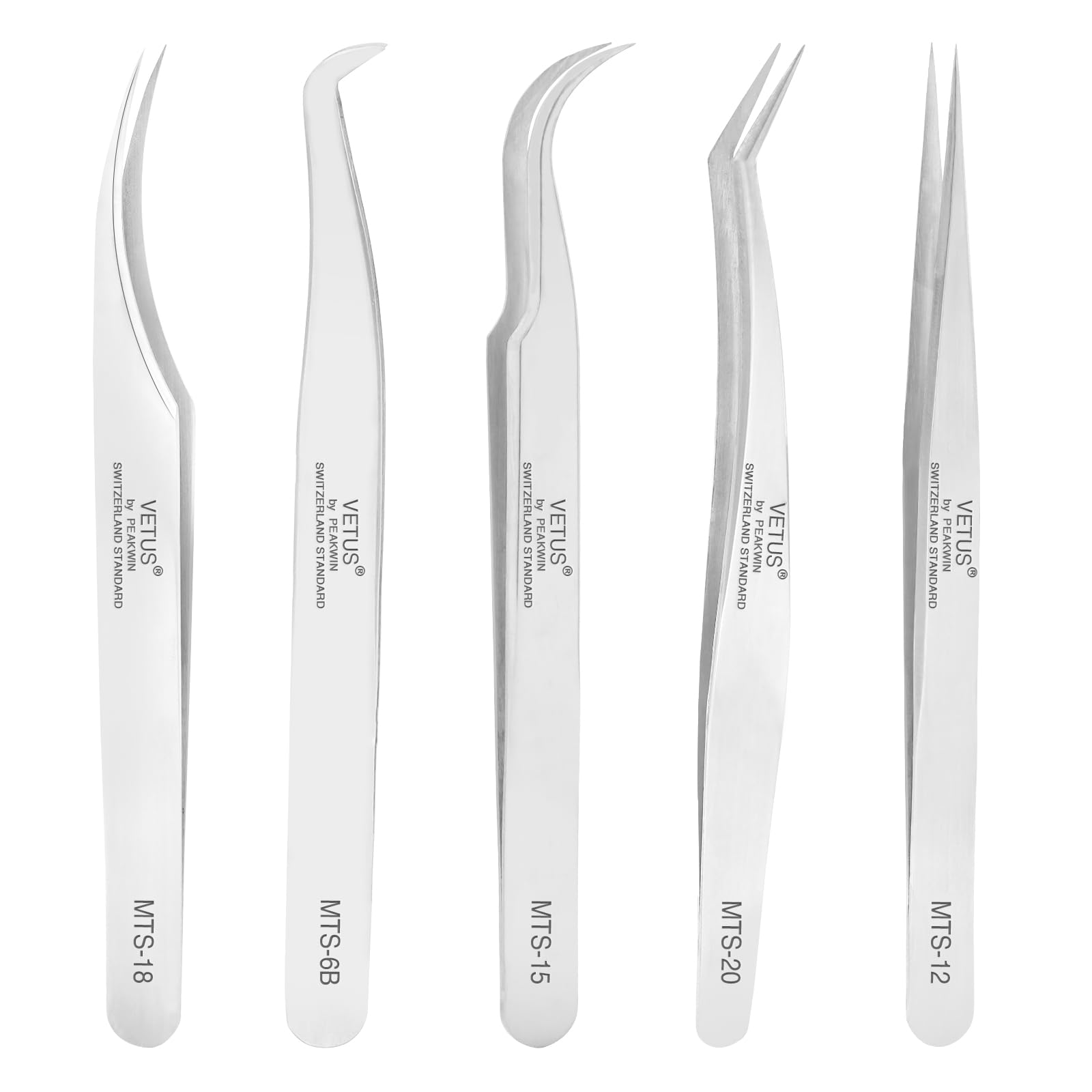 Obeyalash Eyelash Extension Tweezers - 5 Pcs Precision Lash Tweezers, Professional Set, Stainless Steel Silver for Individual Lashes, Nail Art, Jewelry Making