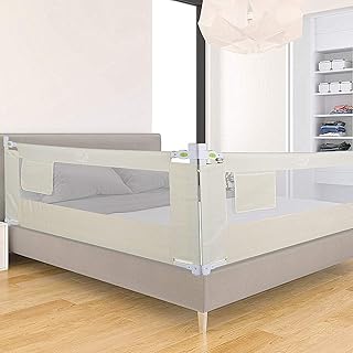 Baby Bettgitter Bettschutzgitter Rausfallschutz Bettfallschutz Kinder 200 cm Kinderbettgitter Babybettgitter mit Gitter Rausfallschutz Boxspringbett für Alle Matratzen Massivholzbetten Beige