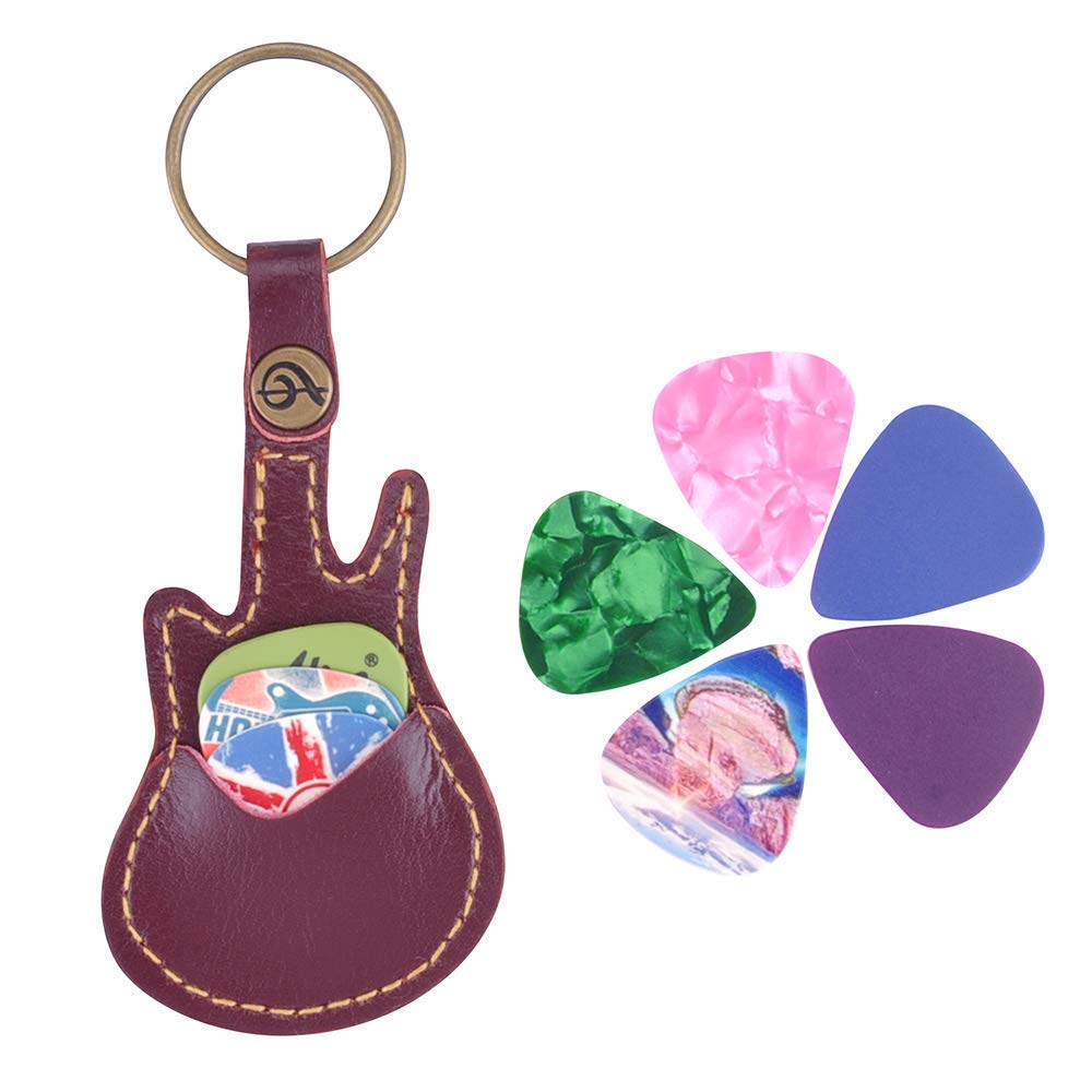 KingPoint Guitar Picks Case Leather Pick Keychain Guitar Picks Holder Plectrums Case Bag with 5Pcs Guitar Picks Gift