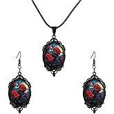 coadipress Gothic Rose Glass Necklace Earrings Set for Women Fashion Vintage Dark Punk Style Roses Pendant Necklace Halloween Party Costume Accessories Charm Jewelry