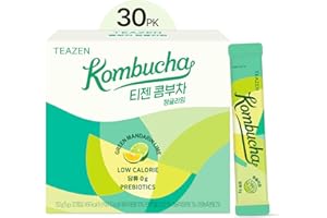 TEAZEN Green Mandarin Lime Kombucha Tea, Hydration Drink Mix, Sugar Free, Live Probiotics & Prebiotics, 30 Sticks, 5.29oz