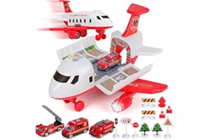 Airplane Toy with Fire Truck Cars, Kids Toys Transport Plane with Lights and Sounds for Toddler Boys and Girls Age 3 4 5 6