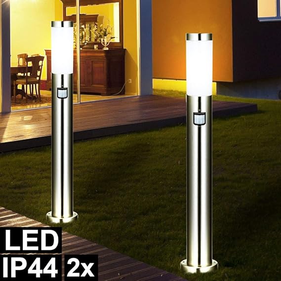 Set of 2 LED Stainless Steel Stand Lights Movement Sensor Outdoor Lights Silver Stand Spotlights