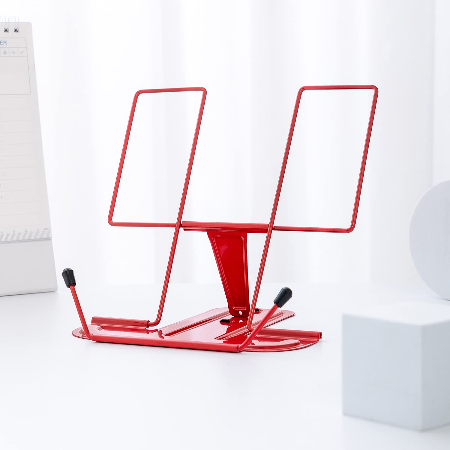 Photo 1 of MSDADA Metal Book Stand for Desk, Adjustable Reading Rest Book Holder, Portable Cookbook Documents Holder, Sturdy Typing Stand for Recipes Textbooks Tablet Music Books with Page Clips (Red)